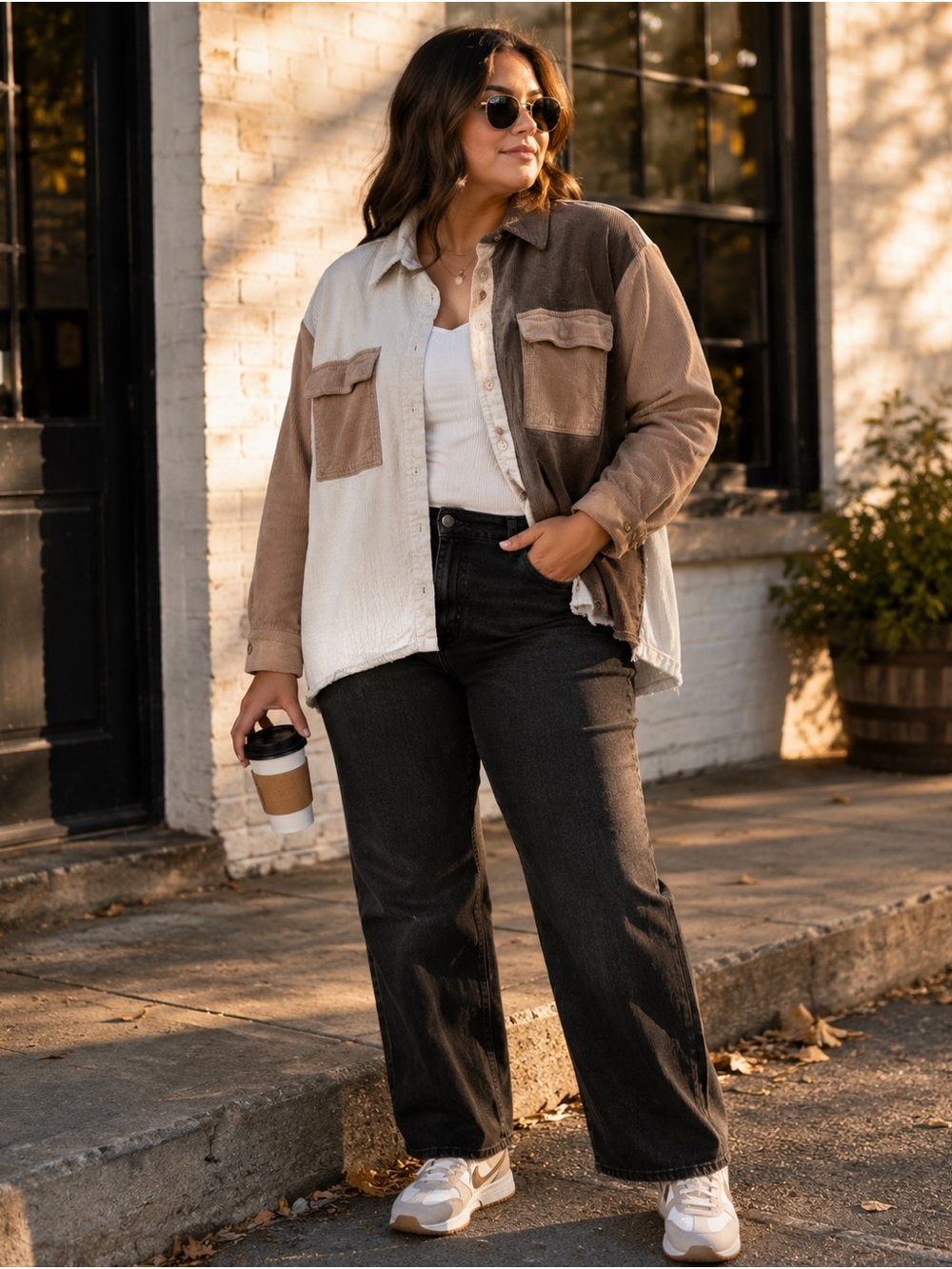 Arula Colorblock Corduroy Shacket X Neutral High Low Button Front